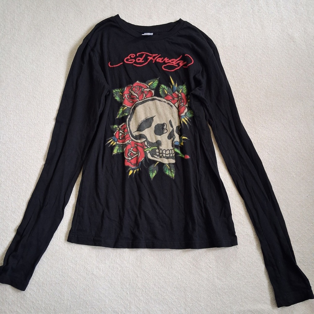 bintage Y2K Ed Hardy long sleeve shirt skull rose black large tattoo mcbling